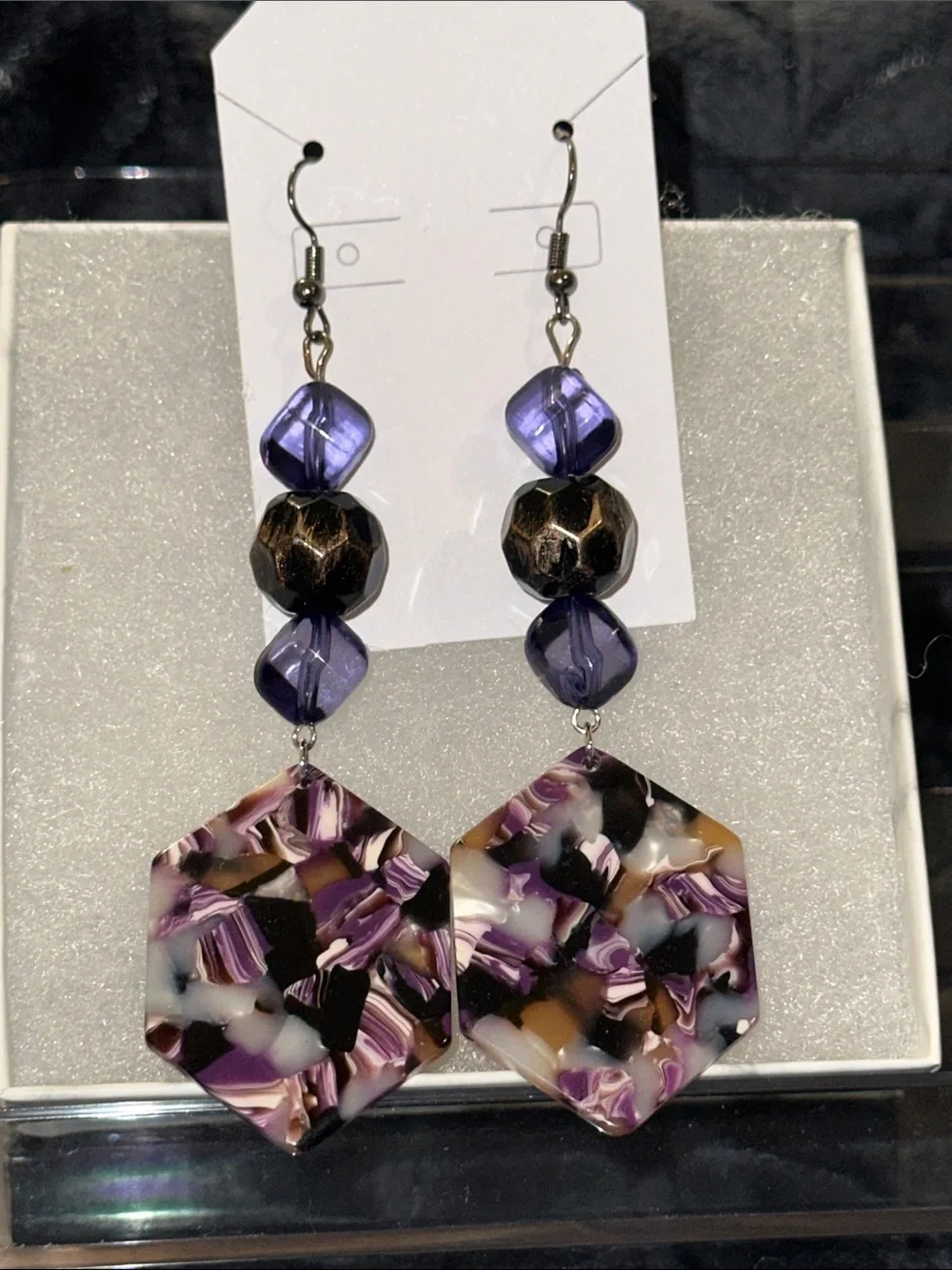 Handmade Purple Mixed-Resin Hexagon Drop Earrings - Women Jewelry